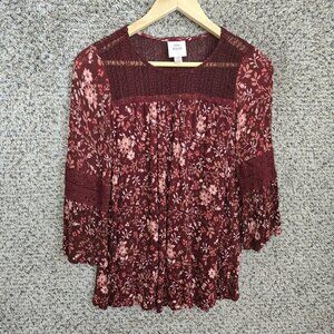 Knox Rose Top Womens Small Burgundy Scoop Neck‎ Boho Floral Gauze Blouse